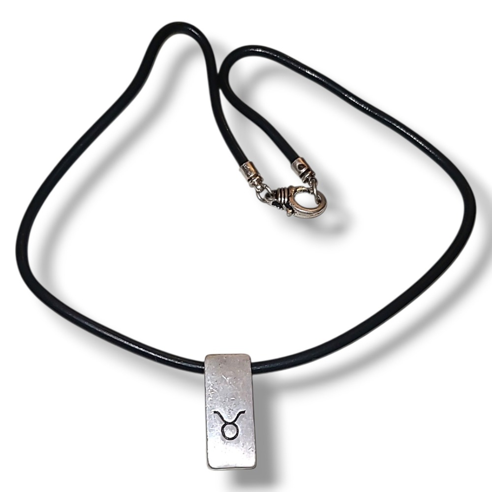 Taurus Zodiac Pendant Necklace Silver Tone Bar Black Cord 18 Inch Astrology Bull